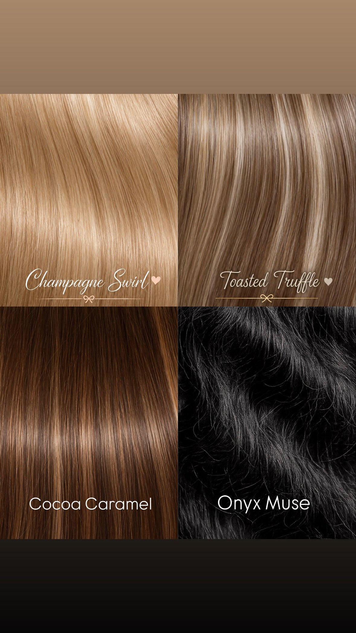 Four hair color swatches arranged in a 2x2 grid: top-left is light champagne blonde labeled 'Champagne Swirl'; top-right is warm light brown labeled 'Toasted Truffle'; bottom-left is medium brown labeled 'Cocoa Caramel'; bottom-right is very dark brown to black labeled 'Onyx Muse'.